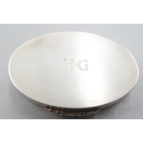 549 - Silver Oval Form Snuff Box Hinge Cover Engraved  JJG 5cm Wide with Original Presentation Case