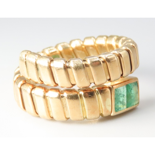 56 - Emerald Twin Stone Set Wrap Around Ring Mounted in 18 Carat Yellow Gold Size O and Expandable