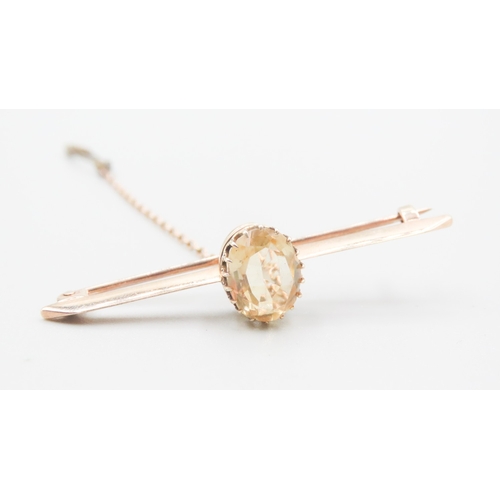 566 - Citrine Set 9 Carat Yellow Gold Ladies Bar Brooch with 9 Carat Yellow Gold Safety Chain and Pin 5cm ... 