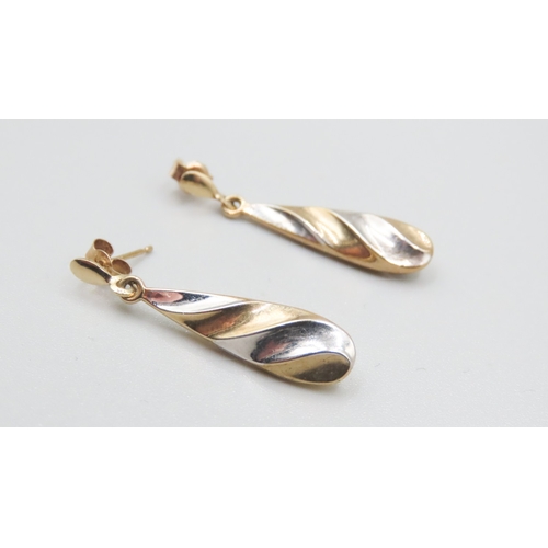 570 - Pair of 9 Carat Yellow and White Gold Twist Form Drop Earrings Each 3cm Drop