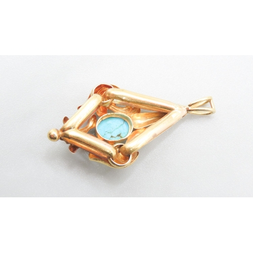 586 - Attractively Detailed Victorian Turquoise Set Drop Pendant Mounted in 18 Carat Yellow Gold 4cm High