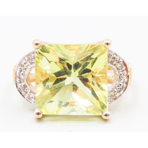 61 - Square Cut Beryl Set Ring Mounted in 9 Carat Yellow Attractively Detailed Diamond Inset to Shoulders... 