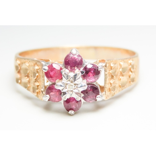 Red Garnet and Diamond Set Daisy Motif Ring Mounted in 9 Carat Yellow Gold Ring Size W