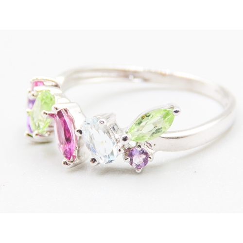 66 - Aquamarine Peridot Tourmaline and Amethyst Set Tutti Frutti Ring Attractively Detailed Mounted in 9 ... 