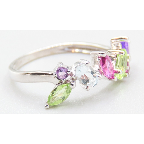 66 - Aquamarine Peridot Tourmaline and Amethyst Set Tutti Frutti Ring Attractively Detailed Mounted in 9 ... 