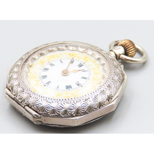 7 - Finely Detailed Silver Pocket Watch Incised Detailing 3cm Diameter