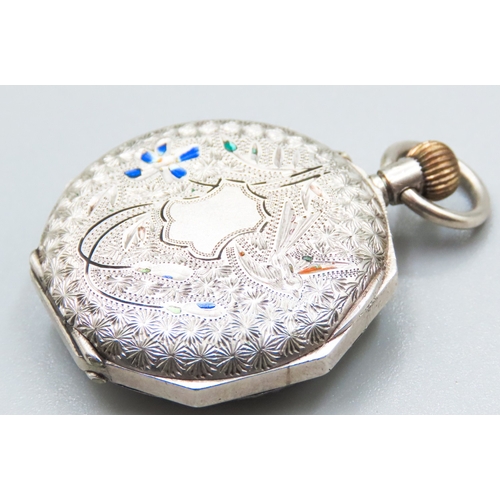 7 - Finely Detailed Silver Pocket Watch Incised Detailing 3cm Diameter