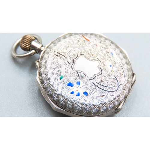 7 - Finely Detailed Silver Pocket Watch Incised Detailing 3cm Diameter