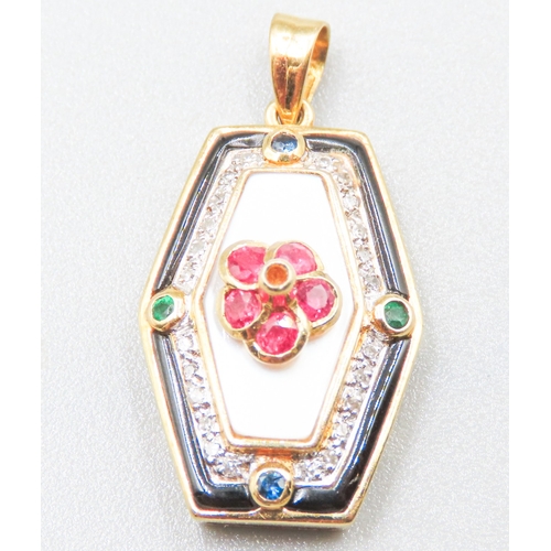 70 - Finely Detailed Mother of Pearl Ruby Emerald and Diamond Set Pendant Enamel Decorated Mounted on 18 ... 