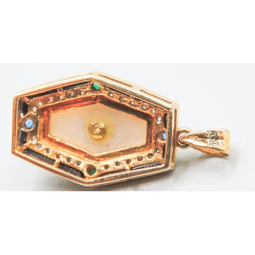 70 - Finely Detailed Mother of Pearl Ruby Emerald and Diamond Set Pendant Enamel Decorated Mounted on 18 ... 