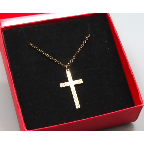 707 - 9 Carat Yellow Gold Cross Pendant 3cm High set on Rolled Gold Chain 50cm Long