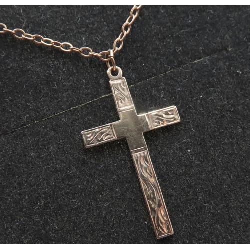 707 - 9 Carat Yellow Gold Cross Pendant 3cm High set on Rolled Gold Chain 50cm Long