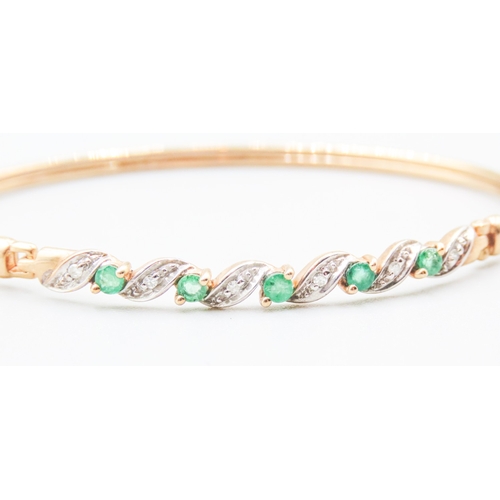 72 - Emerald and Diamond Set Ladies Wave Motif Bangle Bracelet Mounted in 9 Carat Yellow Gold Inner Width... 