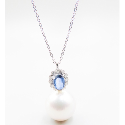 79 - Sapphire and Diamond and Pearl Pendant Mounted in 18 Carat White Gold 2cm High Set on 18 Carat White... 