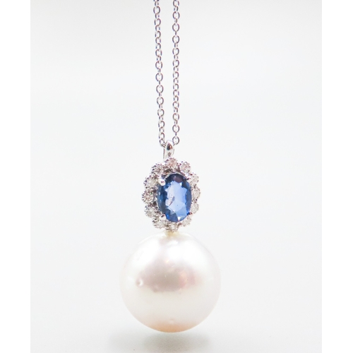 79 - Sapphire and Diamond and Pearl Pendant Mounted in 18 Carat White Gold 2cm High Set on 18 Carat White... 