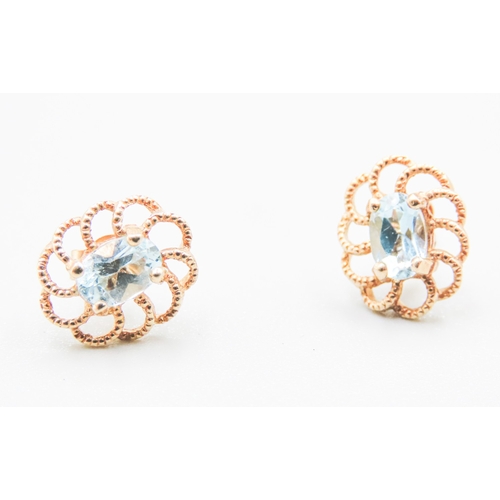 86 - Pair of Finely Detailed Aquamarine Set Earrings Mounted in 9 Carat Yellow Gold 1cm High