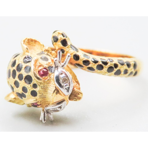 91 - Enamel Decorated Leopard Motif Ring with Ruby and Diamond Insets Mounted in 18 Carat Yellow Gold Rin... 