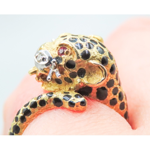 91 - Enamel Decorated Leopard Motif Ring with Ruby and Diamond Insets Mounted in 18 Carat Yellow Gold Rin... 