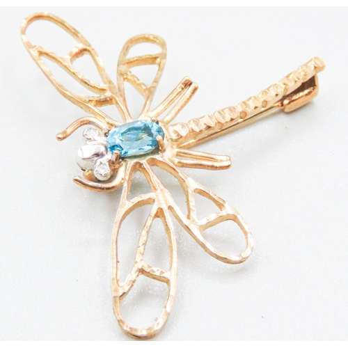 92 - Blue Topaz and Diamond Set Dragonfly Form Brooch Mounted in 9 Carat Yellow Gold 4cm Wide