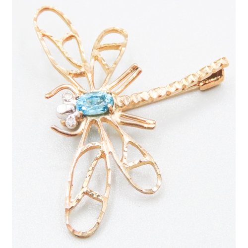 92 - Blue Topaz and Diamond Set Dragonfly Form Brooch Mounted in 9 Carat Yellow Gold 4cm Wide