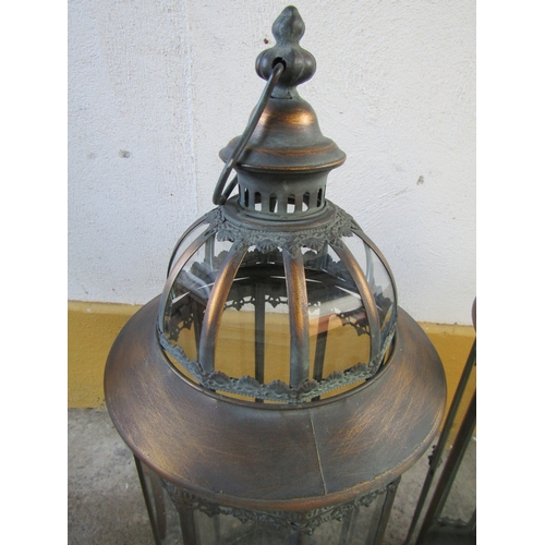 1705 - Pair of Metal Glass Inset Lanterns Each Approximately 29 Inches High