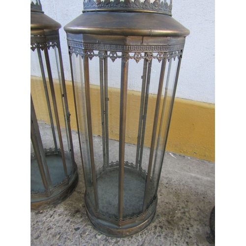 1705 - Pair of Metal Glass Inset Lanterns Each Approximately 29 Inches High