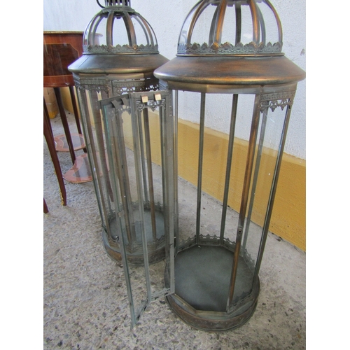 1705 - Pair of Metal Glass Inset Lanterns Each Approximately 29 Inches High