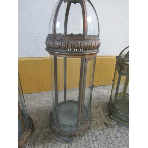 1706 - Pair of Metal Glass Inset Lanterns Each Approximately 26 Inches High