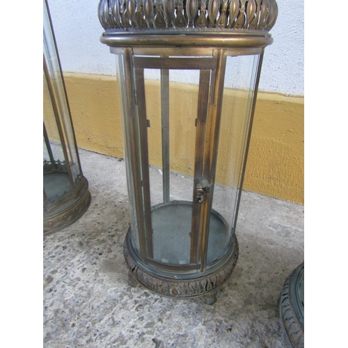 1706 - Pair of Metal Glass Inset Lanterns Each Approximately 26 Inches High