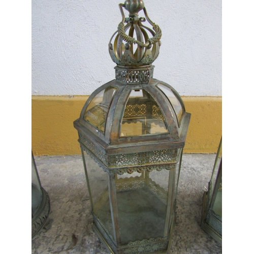 1707 - Pair of Metal Glass Inset Lanterns Each Approximately 22 Inches High