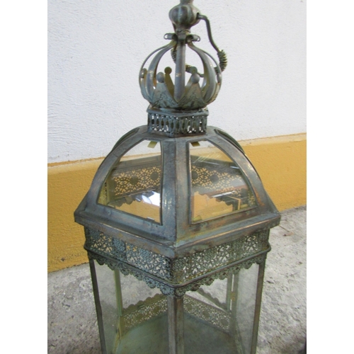 1707 - Pair of Metal Glass Inset Lanterns Each Approximately 22 Inches High