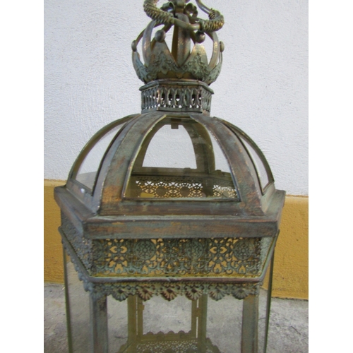 1707 - Pair of Metal Glass Inset Lanterns Each Approximately 22 Inches High