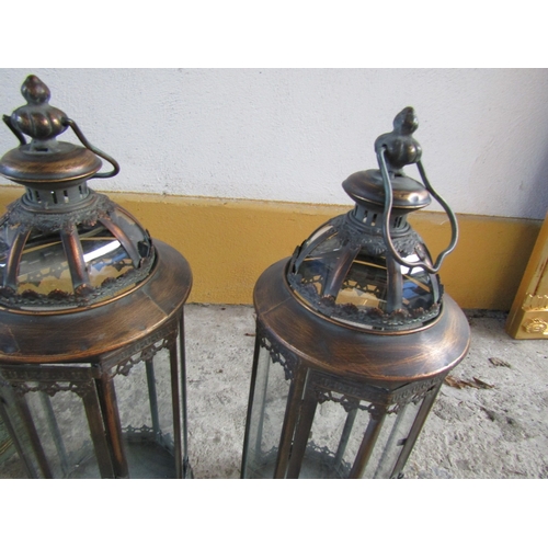 1708 - Pair of Metal Glass Inset Lanterns Each Approximately 23 Inches High