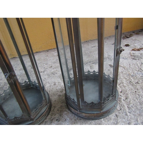 1708 - Pair of Metal Glass Inset Lanterns Each Approximately 23 Inches High