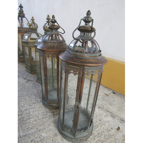 1708 - Pair of Metal Glass Inset Lanterns Each Approximately 23 Inches High