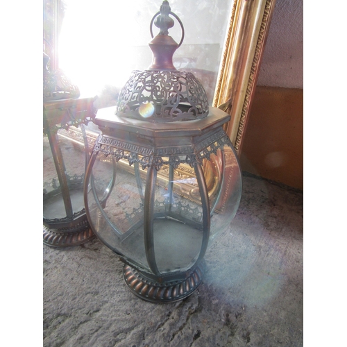 1714 - Pair of Metal Glass Inset Lanterns Each Approximately 20 Inches High