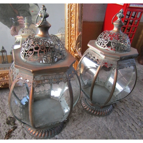 1714 - Pair of Metal Glass Inset Lanterns Each Approximately 20 Inches High