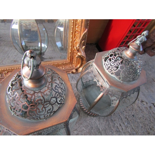 1714 - Pair of Metal Glass Inset Lanterns Each Approximately 20 Inches High