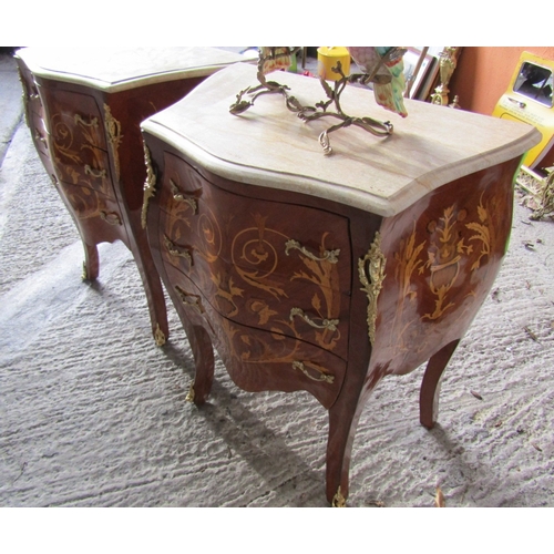 1948 - Pair of Marble Top Shaped Form Chests Kingswood with Marquetry Decoration Twin Drawers to Each Cabri... 