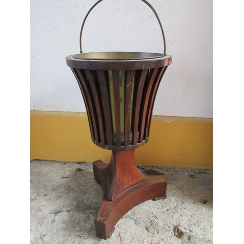 1956 - Antique Mahogany Planter with Brass Inset Liner Swing Carry Handle Above Shaped Triform Base Approxi... 