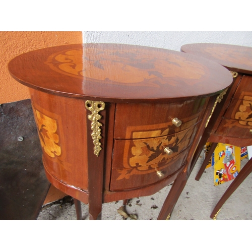 1967 - Pair of Oval Form Kingwood Side Lockers Ormolu Mounted Three Drawers to Each Approximately 14 Inches... 