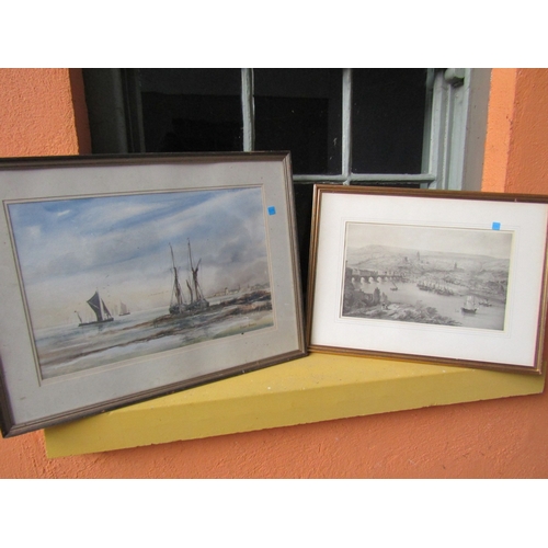 1974 - Watercolour Coastal Scene and Engraving River Scene Town Beyond Largest Approximately 16 Inches High... 