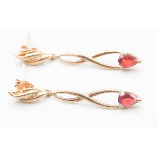 532 - Pair of Red Garnet Set Drop Earrings Mounted in 9 Carat Yellow Gold 3cm Drop