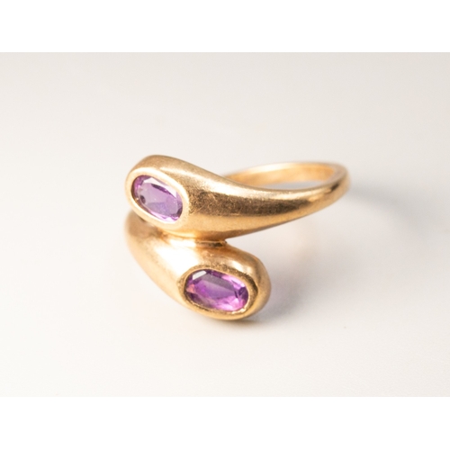 10 - Bezel Set Amethyst Twin Stone Wrap Around Form Ring Mounted in 9 Carat Yellow Gold Ring Size N and a... 