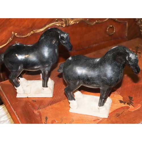 1060 - Pair of Oriental Tan Design Fired Earthenware Horses Each Approximately 8 Inches High