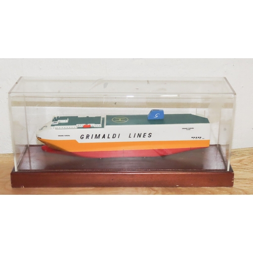 1061 - Vintage Grimaldi Lines Ship Model Contained Within Glazed Case Approximately 20 Inches Wide