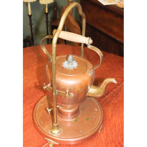 1068 - Copper Kettle on Samovar Base Complete with Cover and Integral Handle Approximately 14 Inches High