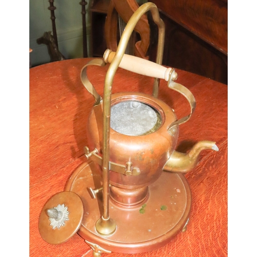 1068 - Copper Kettle on Samovar Base Complete with Cover and Integral Handle Approximately 14 Inches High