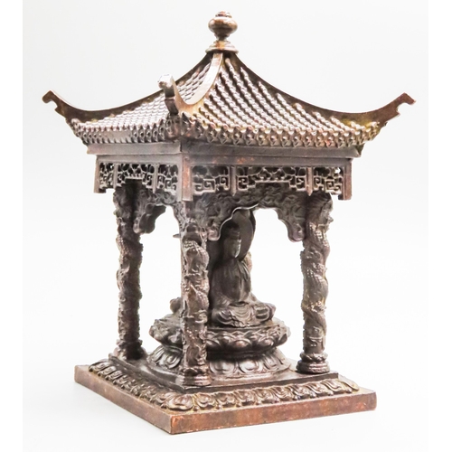 Bronze Pagoda Temple Shrine with Seated Buddha Within Approximately 5 Inches High x 4 Inches Wide