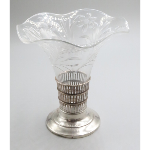 1236 - Silver Mounted Pedestal Form Flower Vase Engraved Crystal Well Attractively Detailed Approximately 6... 